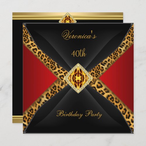 Red Gold Black Leopard Jewel 40th Birthday Invitation