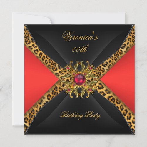 Red Gold Black Leopard Jewel Birthday Party Invitation