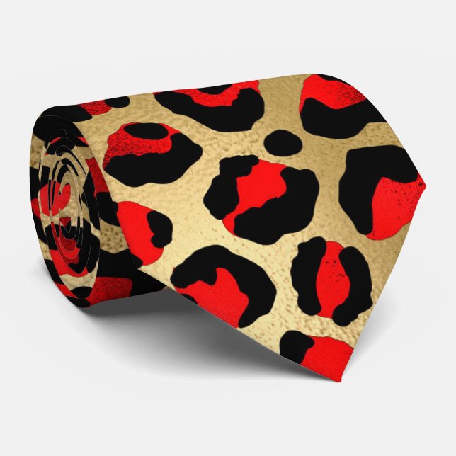 Red gold black leopard print animal skin elegant neck tie (Rolled)