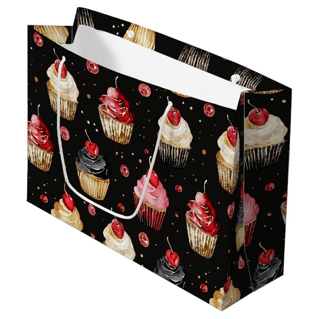 Red Gold Black Pink Cupcakes Cherry Birthday Large Gift Bag (Front Angled)