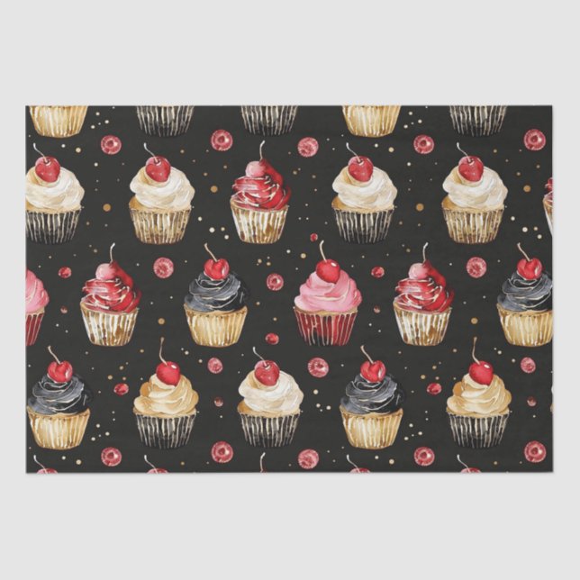 Red Gold Black Pink Cupcakes Cherry Birthday Tissue Paper (Front)
