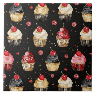 Red Gold Black Pink Cupcakes Cherry  Ceramic Tile