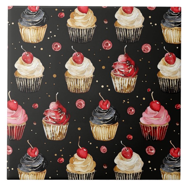 Red Gold Black Pink Cupcakes Cherry  Ceramic Tile (Front)