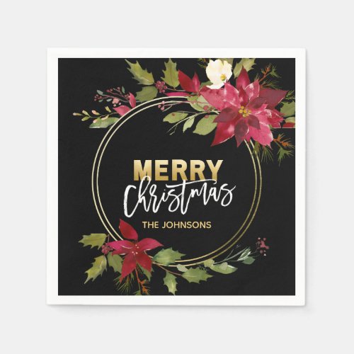 RED Gold Black Poinsettia MERRY CHRISTMAS Napkins