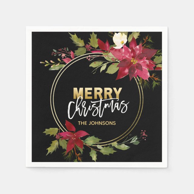 RED Gold Black Poinsettia MERRY CHRISTMAS Napkins (Front)