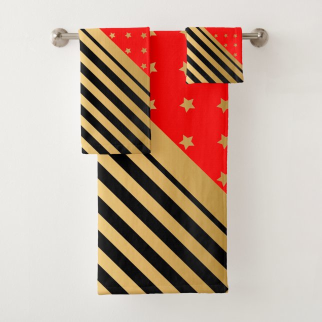 RED GOLD BLACK STARS & STRIPES BATHROOM TOWEL SET (Insitu)
