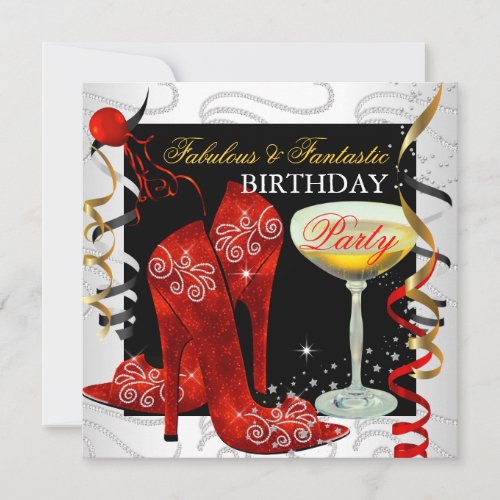 RED Gold Black White Diamond Champagne Party Invitation