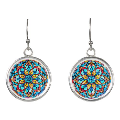 Red Gold Blue Mandala Stained Glass Earrings