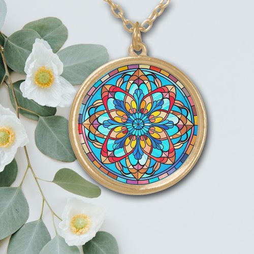 Red Gold Blue Mandala Stained Glass Gold Plated Necklace