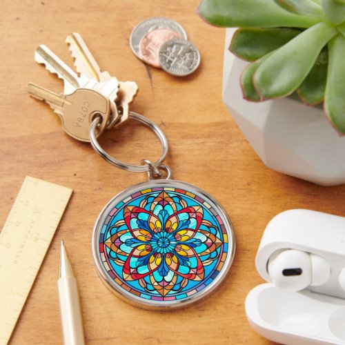 Red Gold Blue Mandala Stained Glass Keychain
