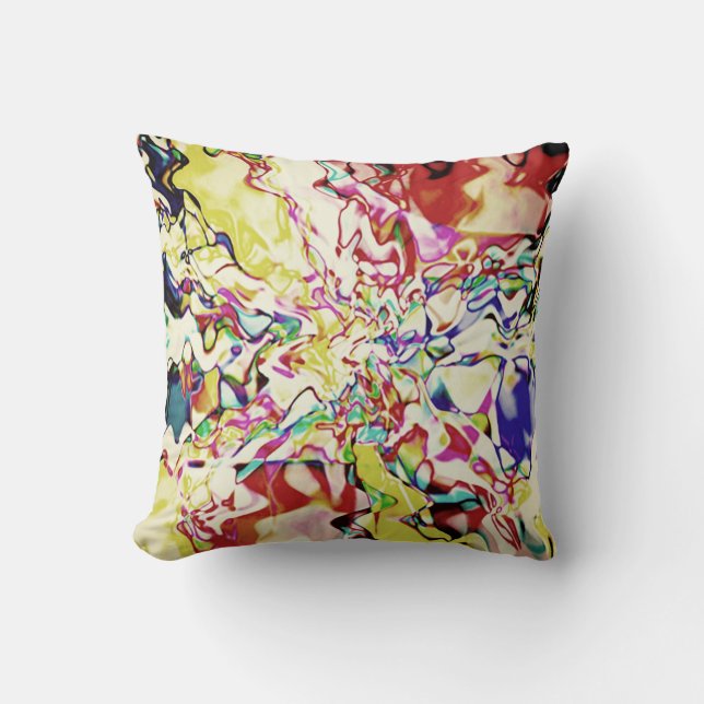 Red Gold Blue on Beige Floral Painterly Abstract Throw Pillow (Front)