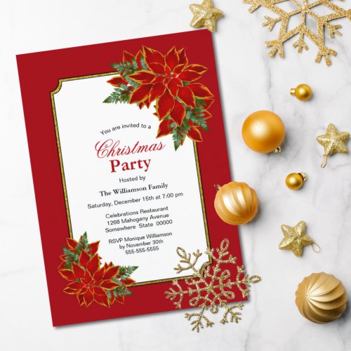 Red Gold Border Poinsettia Christmas Party Invitation