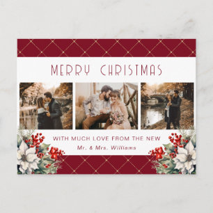 Red Gold Botanical Photo Newlywed Holiday Postcard