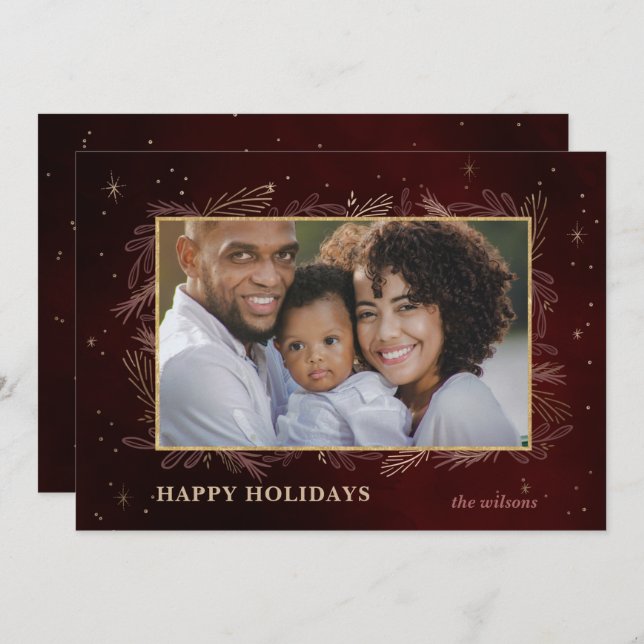 Red Gold Botanical Sparkle Photo Holiday Card (Front/Back)