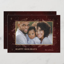 Red Gold Botanical Sparkle Photo Holiday Card