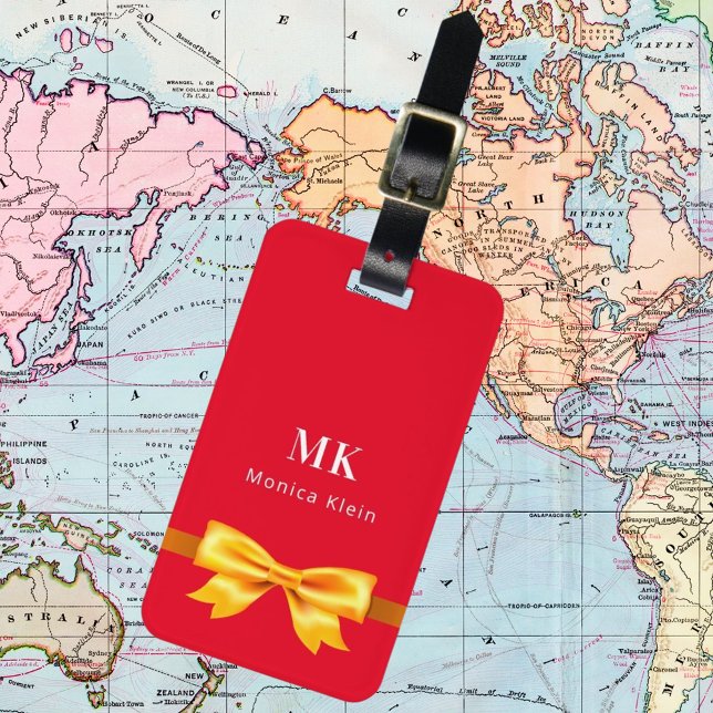 Red gold bow monogram initials elegant luggage tag (Creator Uploaded)