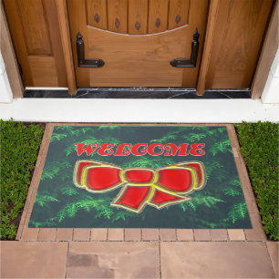 Red Gold Bow on Greens with text: Welcome Doormat