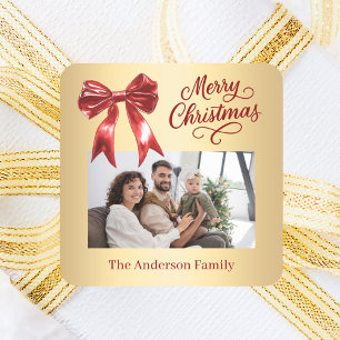 Red gold bow photo script Christmas Square Sticker