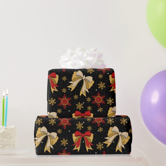 Red & Gold Bows Snowflakes Christmas Holidays Wrapping Paper (Party Gifts)