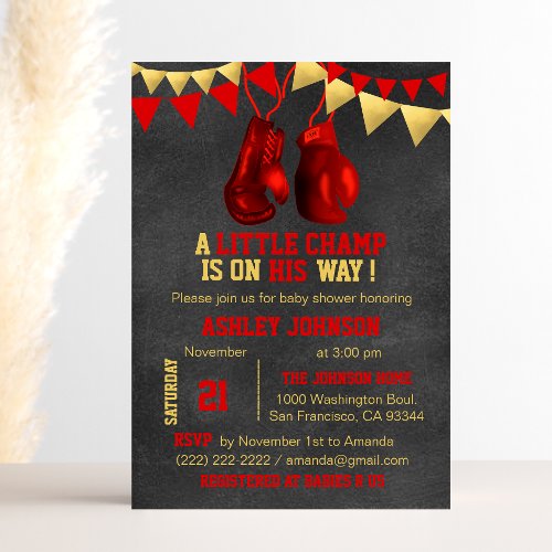 Red Gold Boy Boxe Boxing Baby Shower Invitations