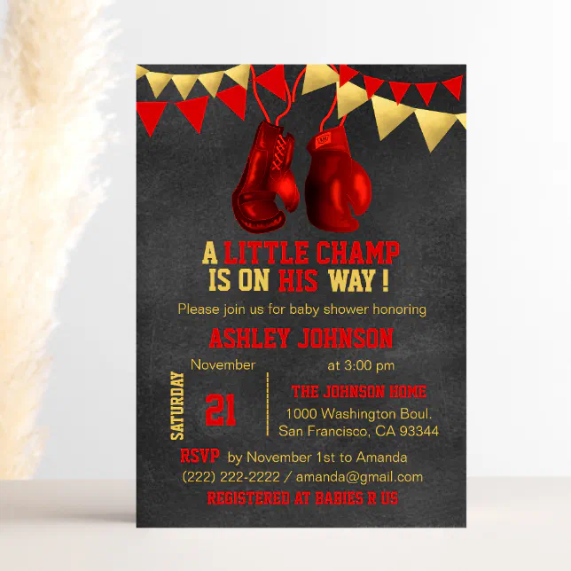 Red Gold Boy Boxe Boxing Baby Shower Invitations | Zazzle