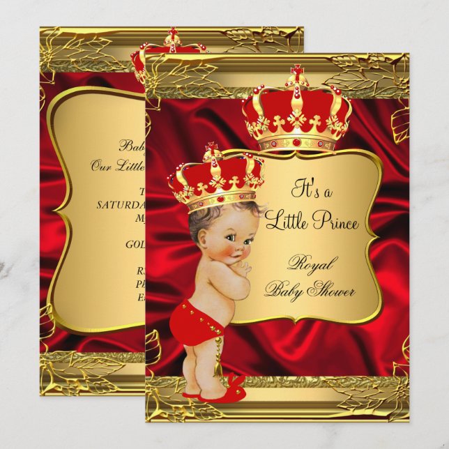 Red Gold Brunette Baby Boy Prince Baby Shower Invitation (Front/Back)