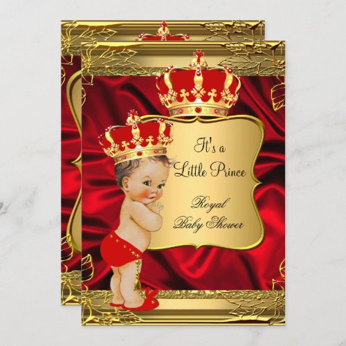Red Gold Brunette Baby Boy Prince Baby Shower Invitation