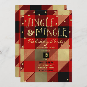 Red Gold Buffalo Plaid Jingle & Mingle Holiday Invitation