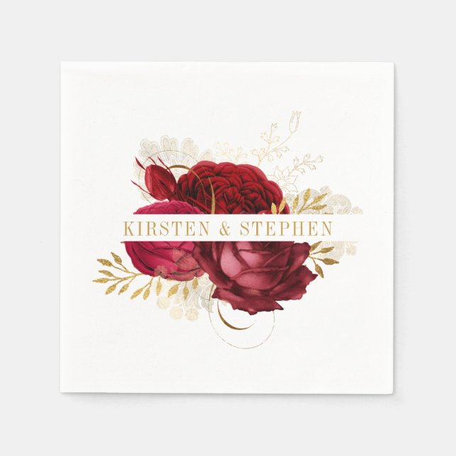 Red Gold Burgundy Floral Wedding Cocktail Napkins (Front)