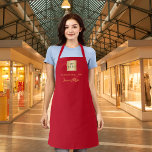 Red gold business logo name signature apron<br><div class="desc">Add a touch of style and professionalism to your business with this customizable red apron. Featuring a sleek red background, it’s perfect for the holiday season or for businesses with red as their brand color. Ideal for use in bars, restaurants, kitchens, beauty salons, and more. Personalize the apron by adding...</div>