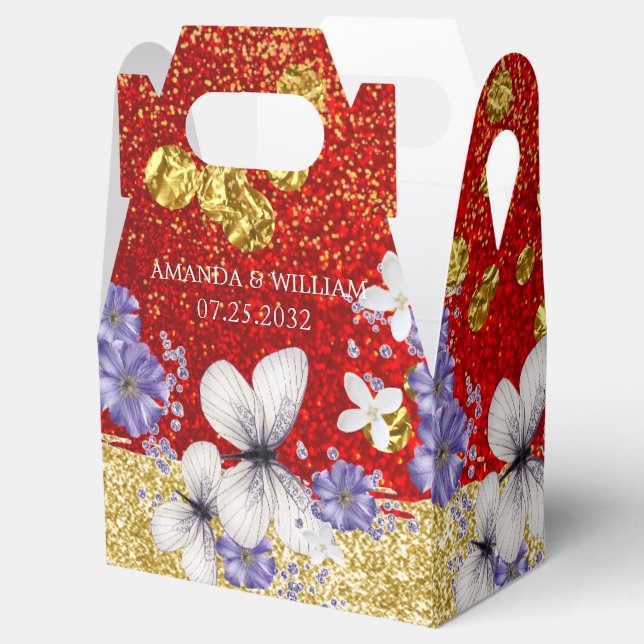 Red Gold Butterflies Wedding  Favor Box (Opened)