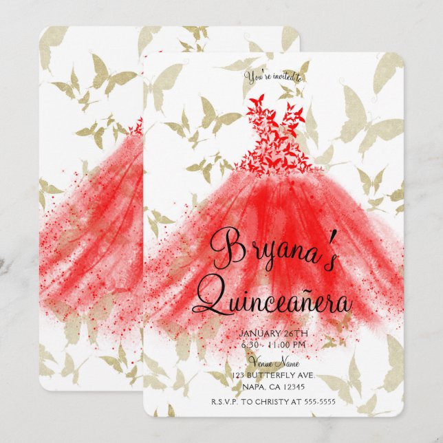 Red & Gold Butterfly Dance Dress Quinceañera    Invitation (Front/Back)