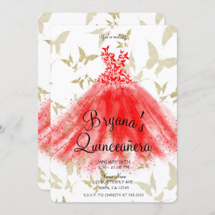 Red & Gold Butterfly Dance Dress Quinceañera Invitation