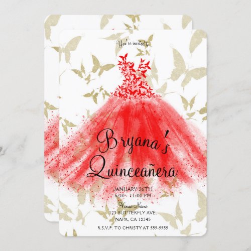 Red  Gold Butterfly Dance Dress Quinceaera    Invitation