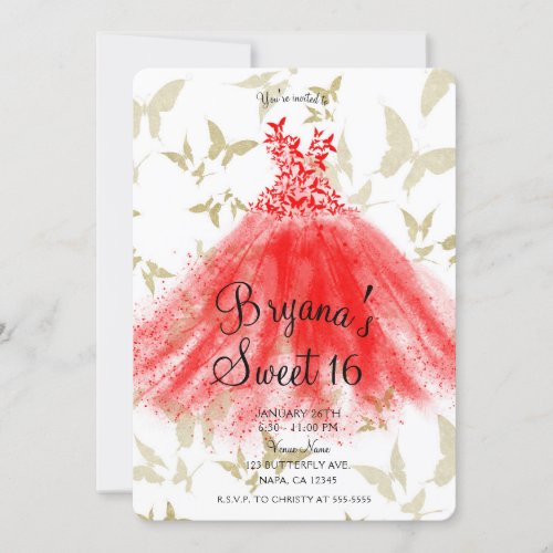 Red  Gold Butterfly Dance Dress Sweet 16 Party  Invitation