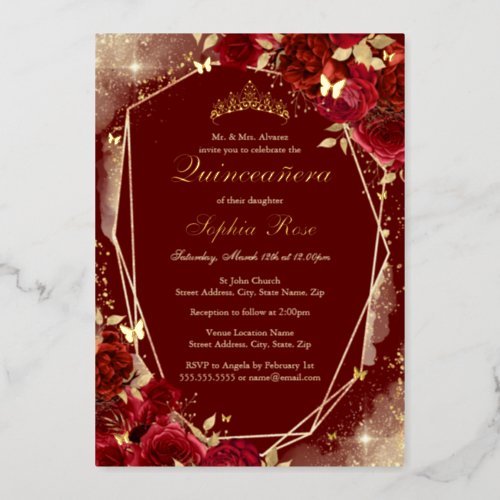 Red Gold Butterfly Floral Quinceanera Foil Invitation