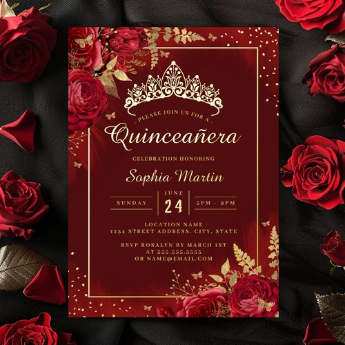 Red Gold Butterfly Floral Quinceanera  Foil Invitation