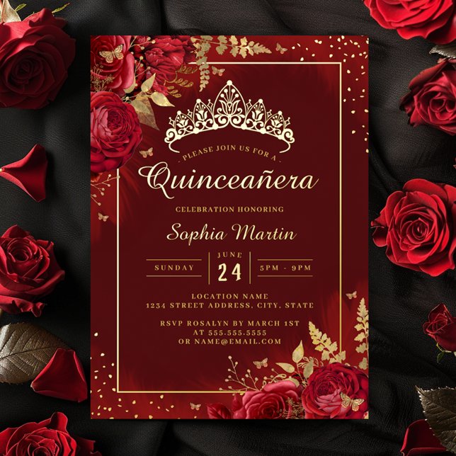 Red Gold Butterfly Floral Quinceanera  Foil Invitation (Creator Uploaded)