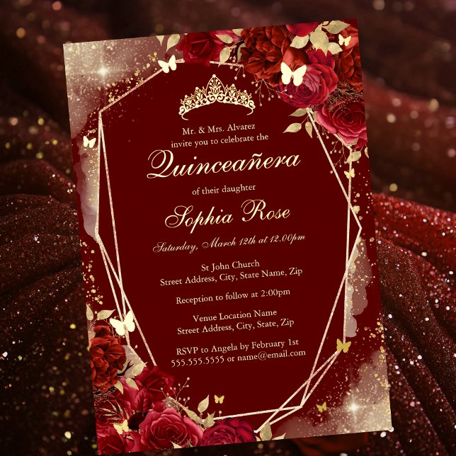 Red Gold Butterfly Floral Quinceanera Foil Invitation (Creator Uploaded)