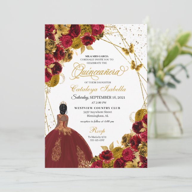 Red Gold Butterfly Princess Quinceanera Invitation (Standing Front)