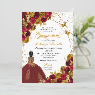 Red Gold Butterfly Princess Quinceanera Invitation