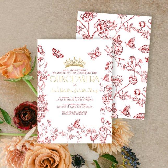 Red Gold Butterfly Quinceañera Quince Años Invitation (Creator Uploaded)