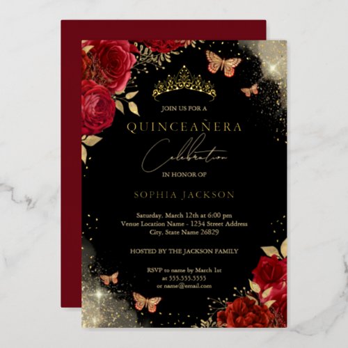 Red Gold Butterfly Rose Tiara Quinceanera  Foil Invitation