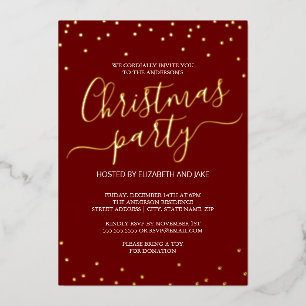 Red Gold Calligraphy Confetti Christmas Party Foil Invitation