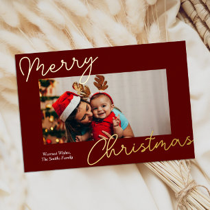 Red Gold Calligraphy Merry Christmas Simple Photo Foil Holiday Card
