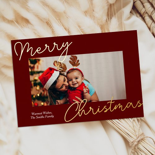 Red Gold Calligraphy Merry Christmas Simple Photo Foil Holiday Card