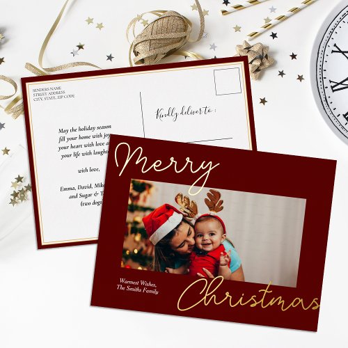 Red Gold Calligraphy Merry Christmas Simple Photo Foil Holiday Postcard