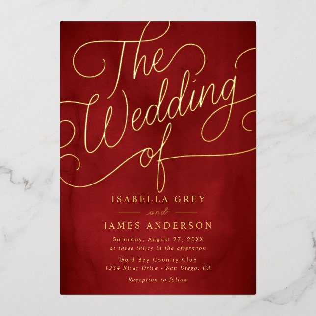 Red Gold Calligraphy Script Wedding  Foil Invitation (Front)