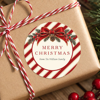 Red Gold Candy Cane Stripe Classic Round Sticker