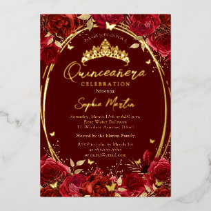 Red Gold Captivating Floral Butterfly Quinceanera Foil Invitation